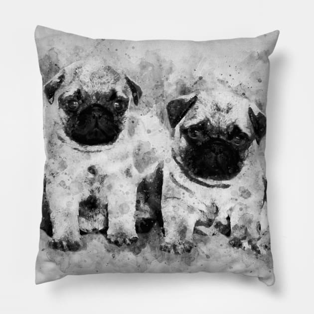 Pug Puppies. Dog Watercolor Portrait black and white 01 Pillow by SPJE Illustration Photography