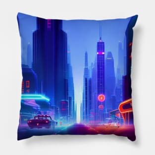 Ai Generated Art Scenery - Futuristic City Street With Cars And Neon Lighting Pillow