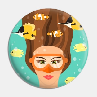 Brown hair girl snorkeling in tropical sea Pin