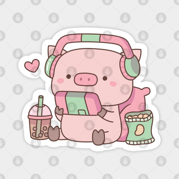 Cute Pig Gamer With Headphones and Snacks Magnet by rustydoodle