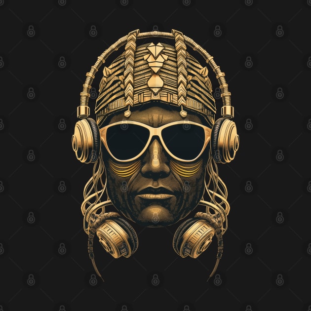 Vector Drawing - Golden Portrait of a Hip-Hop Artist in Headphones and Sunglasses. by Art KateDav