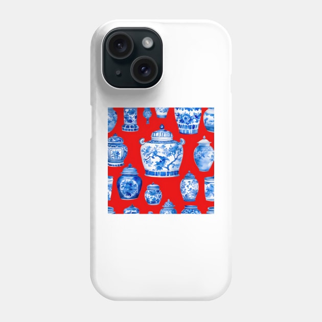 Blue and white chinoiserie jars on red Phone Case by SophieClimaArt