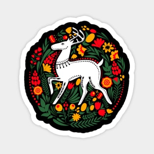 Folk Art White Stag with Flowers and Leaves Magnet