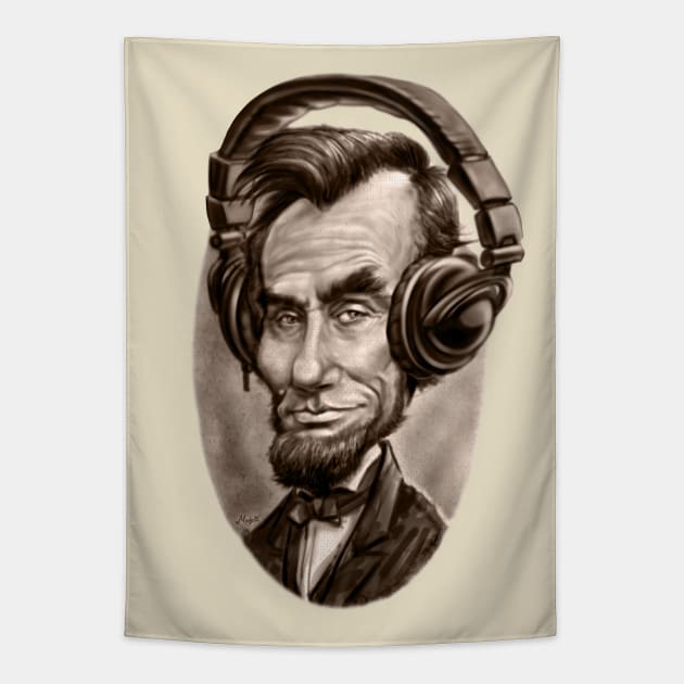 Caricature of Abe Lincoln with Music Headphones Tapestry by Mudge