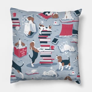 Life is better with books a hot drink and a friend // pattern // blue background brown white and blue beagles and cats and red cozy details Pillow