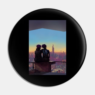 Cyberpunk Women Embracing in City Silhouette Pin