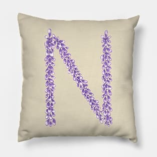 Lavender Letter N Hand Drawn in Watercolor and Ink Pillow