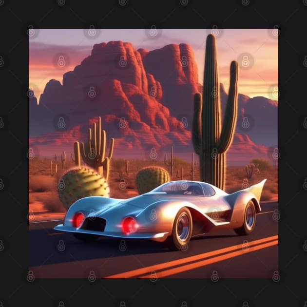 A Retro-Futuristic Racing Car Travelling Through The Arizona Desert At Dusk. by Musical Art By Andrew