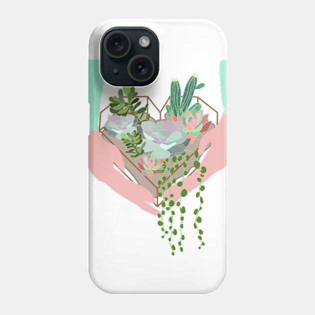 Hands holding heart shaped terrarium with succulents Phone Case by Orangerinka