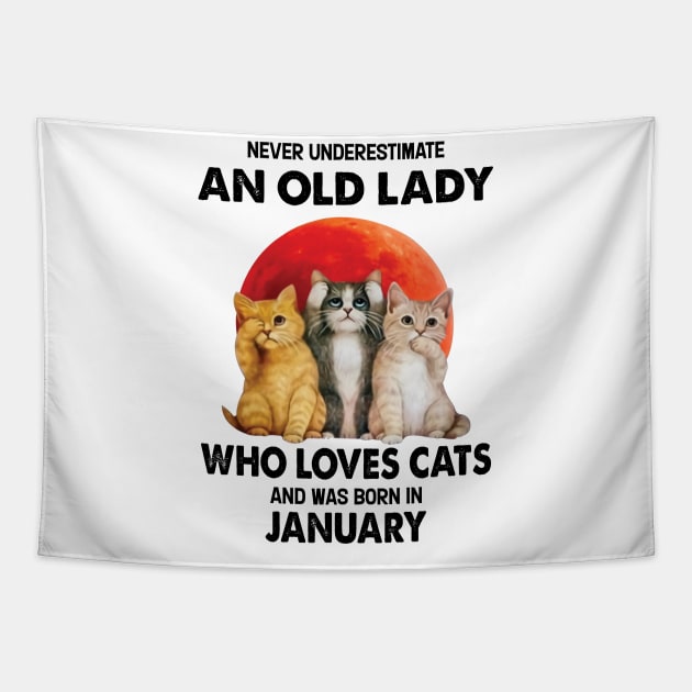 Never Underestimate An Old Lady Who Loves Cats And Was Born In January Tapestry by Bunzaji