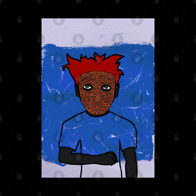 BlueFire - Male Character with Doodle Mask and Green Eyes in Expressionist Style by Hashed Art