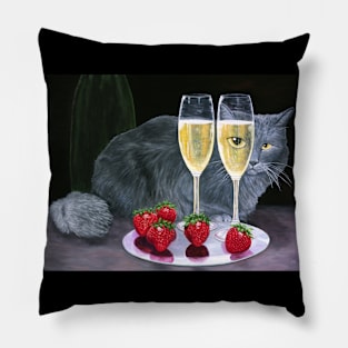 Long Haired Gray Cat with Sparkling Wine and Strawberries Pillow