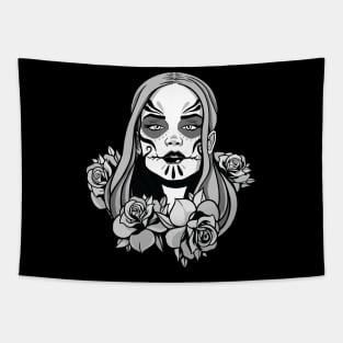 Sugar Skull Woman with Roses Black and White Tapestry