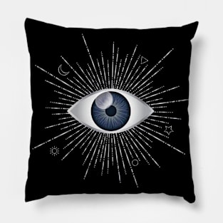 Blue Evil Eye Silver Eyelashes Sun Moon Star Nazar Mati Talisman on Black Pillow