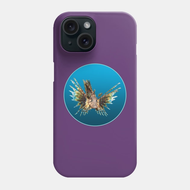 Lionfish | Floating Fish on a blue background in a circle | Phone Case by Ute-Niemann