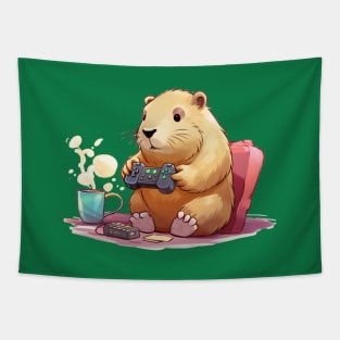 Kawaii Capybara play game in a room Tapestry