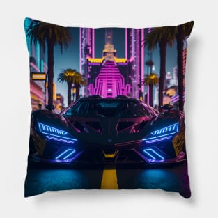 Dark Neon Sports Car in Beach Neon City Pillow