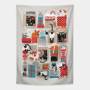 Purfect Christmas gifts // spot // beige background cute cats in cardboard red and teal wrapped boxes and holiday ornaments ribbons balls and lights Tapestry