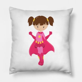 Superhero Girl, Brown Hair, Pink Cape, Cute Girl Pillow