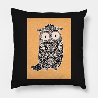 Black and White Folk Art Owl on Yellow Floral Background Pillow