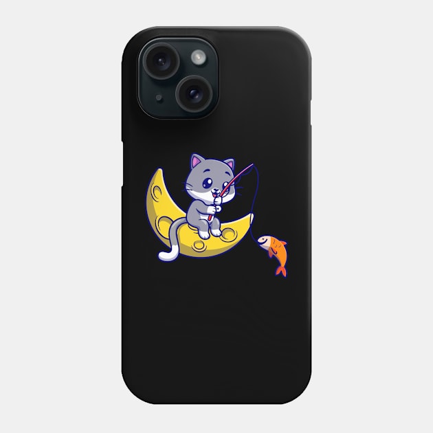 Cute Cat Fishing On Moon Cartoon Phone Case by Catalyst Labs