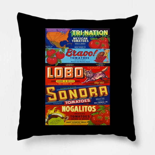 Nogales Vintage Produce Labels Pillow by Nuttshaw Studios