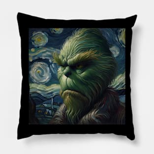 Whimsical Night: Mischievous Green Character - Starry Night Inspired Holiday Art Pillow