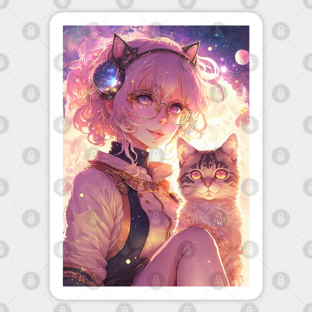 Kawaii Anime girl and Cat' Sticker