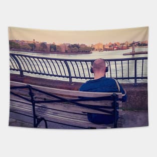 Sunset Carl Schulz Park Bench Lonely Man Manhattan New York City Tapestry