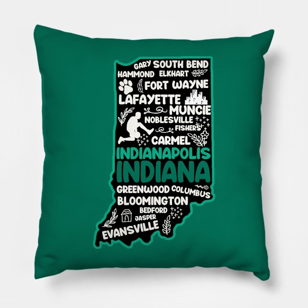 Indianapolis Indiana cute map, Fort Wayne, Evansville, Carmel, South Bend, Fishers, Bloomington, Hammond, Gary, Lafayette Pillow by BoogieCreates