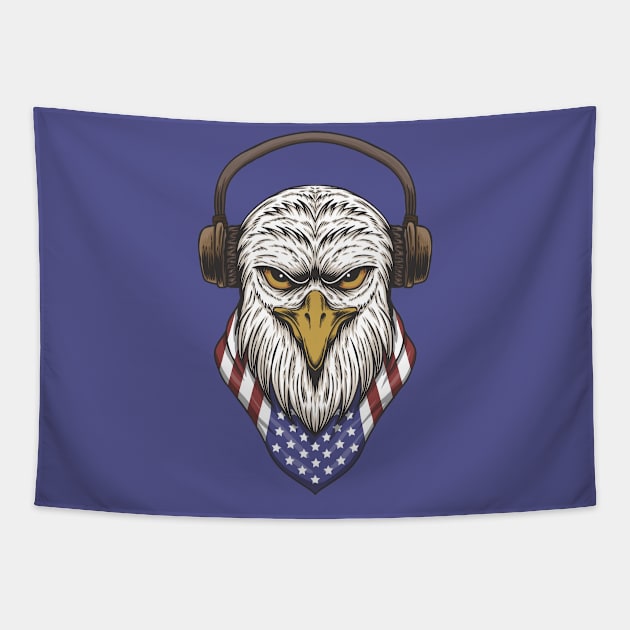 Bald Eagle Head with Headphones and American Flag Bandana Tapestry by SLAG_Creative