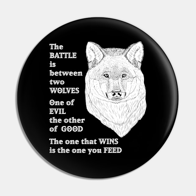 Feed the Good Wolf Native American Hand Drawn Graphic Black Ink Style White Pin by Ray Wellman Art