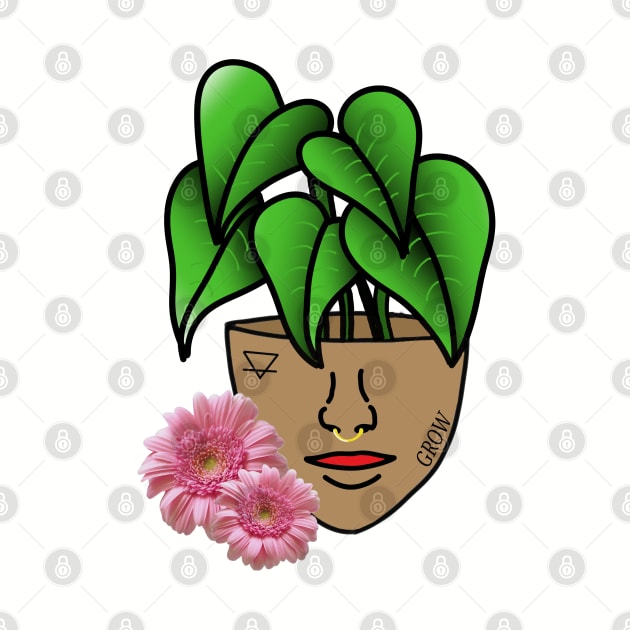 Surreal Tropical House Plant, Pot Head, with Pink Gerber Daisy by Tenpmcreations