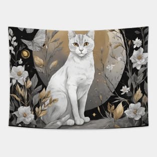 Moonlit Cat and Flowers Tapestry