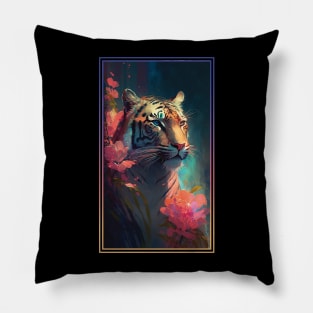 Tiger Vibrant Tropical Flower Tall Digital Oil Painting Portrait 2 Pillow