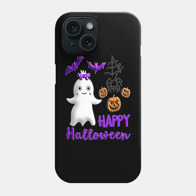 Pumpkin baby girl ghost Kawaii bat spider Happy Halloween violet orange black dots ribbon 3D tridimensional 317 Phone Case by dvongart