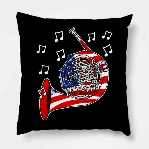 4th July French Horn USA Flag Hornist Musician Pillow by doodlerob