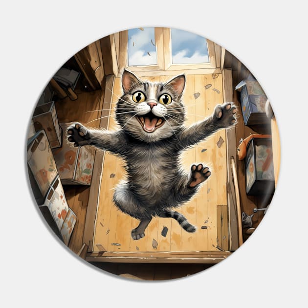 Jumping tabby cat Pin by Geminiartstudio