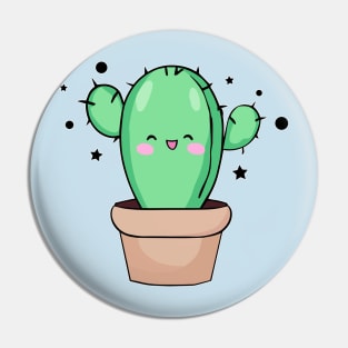 Happy smiling baby cactus in vase with stars. Kawaii cartoon Pin