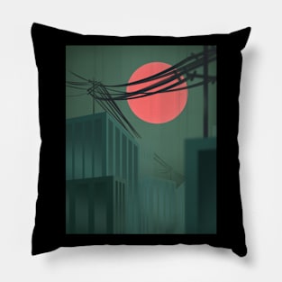 Сity with red sun Pillow