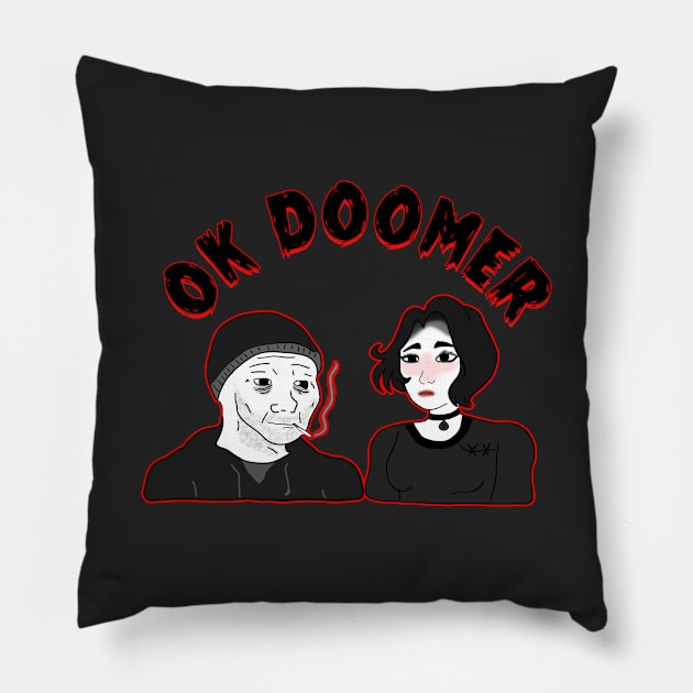 OK Doomer Meme Pillow by Barnyardy