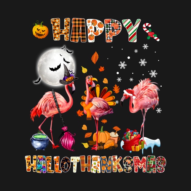 Cute Flamingo HalloThanksmas Happy Halloween Thanksgiving T-Shirt by WoowyStore