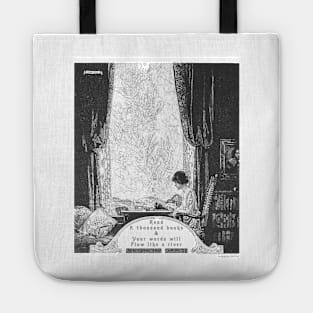 Virginia Woolf Book and Reading Quote Franklin Booth Woman in Library Writing Dark Academia Ink Illustration Tote