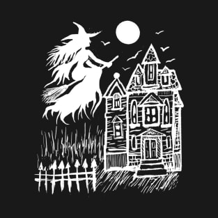 Witch Flying Over Full Moon & Haunted House, Spooky Halloween Gothic T-Shirt