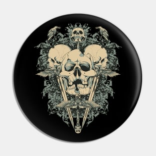 Zombie Aztec Skull Bones with Ravens Pin