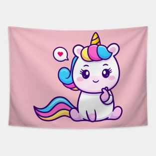 Cute Unicorn With Love Sign Hand Cartoon Tapestry