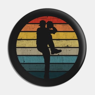 Baseball Silhouette On A Distressed Retro Sunset design Pin