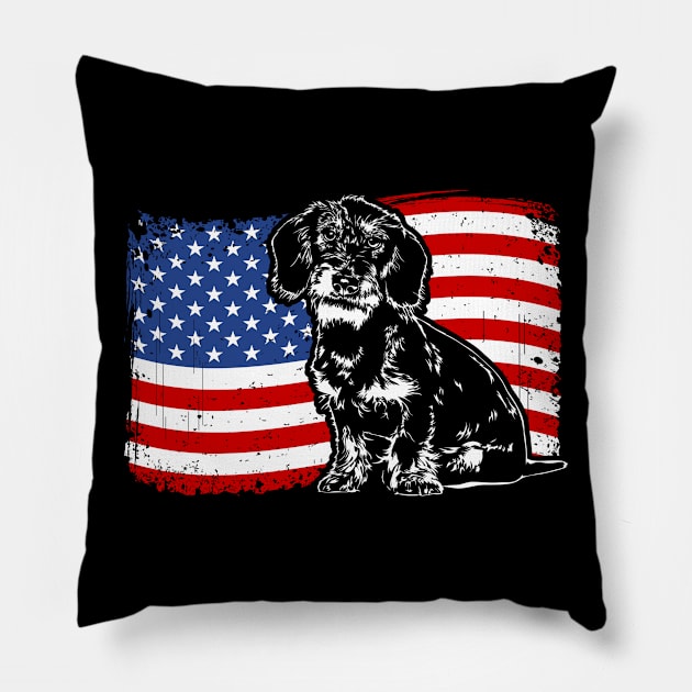 Proud Wire Haired Dachshund American Flag patriotic dog Pillow by wilsigns