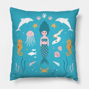 Blue Mermaid & Friends Pillow