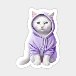 White British shorthair cat wearing purple hoodie Magnet